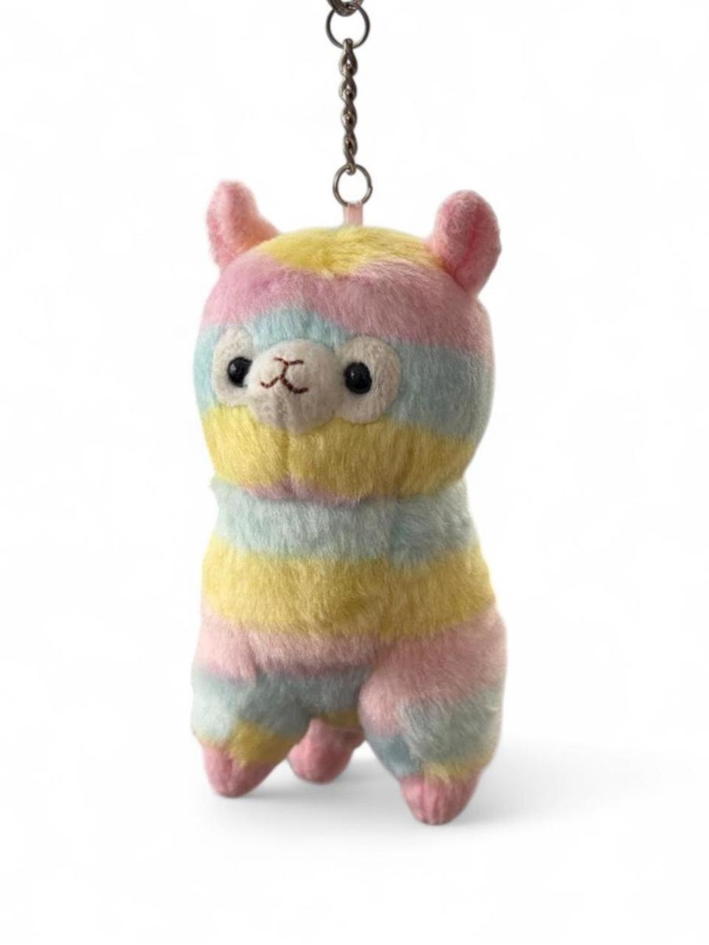 Qi Pastel Striped Plush Alpaca Keychain in Pink, Yellow, Light Blue